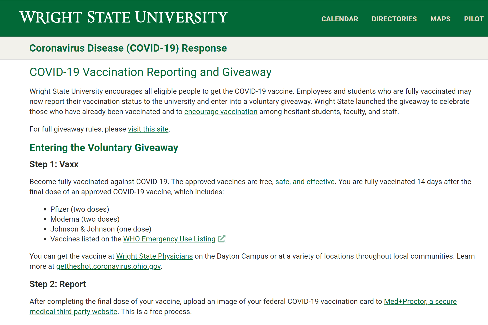 WSU COVID-19 Reporting and Giveaway webpage